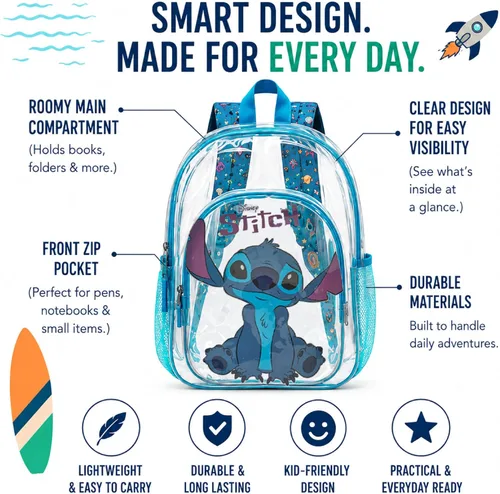 Vista 4 de Fast Forward Lilo & Stitch Kids Clear School Backpack, 16 Inch Lilo & Stitch Azul