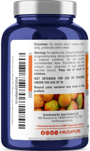 Vista 3 de NusaPure Mango africano, 500 mg, 180 cápsulas vegetales (sin OMG, vegano)