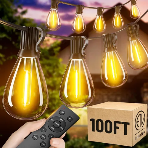 Vista 14 de Jerritte - Cadena de luces LED para exteriores de 60 pies con 16+1 bombillas Edison inastillables IP65 impermeables, 2700K regulables, luces