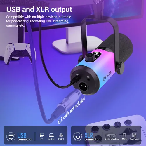 Vista 3 de FDUCE Juego de micrófono dinámico para juegos, micrófono de computadora USB/XLR para podcast con soporte de brazo extensible, luz RGB, botón