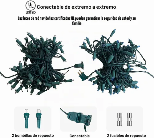 Vista 4 de HISHINY Red de luces LED de Navidad para exteriores, 5 x 5 pies, 100 luces LED de cable verde, conectables para interiores y exteriores, cadena