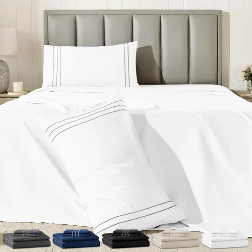 Vista 10 de Juego de sábanas tamaño individual con funda de almohada bordada, sábanas de microfibra ultrasuave de 3 piezas, comodidad de hotel de lujo, sábana