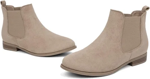 Vista 5 de Botas de tobillo con cordones para mujer, botas Chelsea elásticas con punta redonda estilo occidental, tacón bajo Albaricoque 1