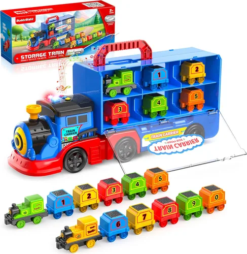 Vista 8 de Juego de tren de juguete 2 en 1 para niños pequeños, base de tren de catapulta con grúa torre móvil, 8 pequeños trenes magnéticos, efecto de luz