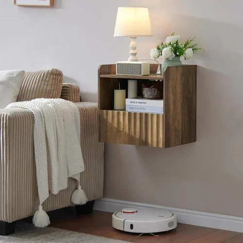 Vista 13 de BuildHom Moderna mesita de noche flotante acanalada montada en la pared, juego de 2 mesitas de noche con cajón de almacenamiento y estante
