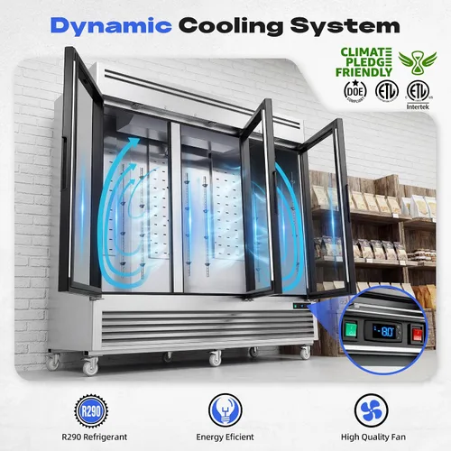Vista 5 de Coolake Congelador comercial de 82 pulgadas, 3 puertas de vidrio, 72 pies cúbicos de acero inoxidable con luz LED, ventilador de -8 a 0 ℉