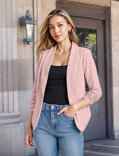 Vista 6 de Hybrid & Company Lightweight Open Front Cardigan Classic Ruched Sleeve Work Office Blazer Suit Jackets