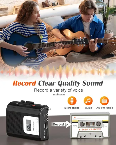 Vista 4 de Grabadora de casete portátil - Reproductor de cinta de casete con radio AM FM - Reproductor de cinta compacto con auriculares de 0.138 in