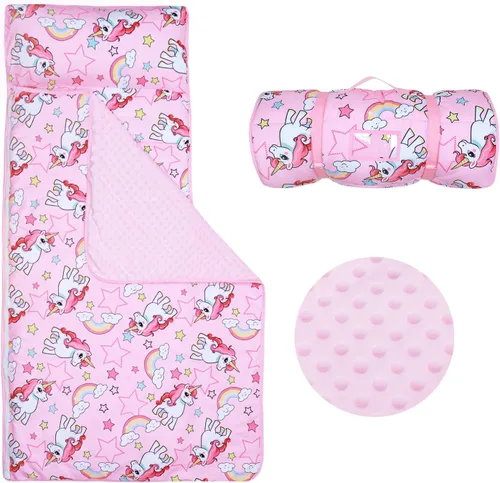 Vista 9 de Colchoneta portátil para siesta para niños con almohada extraíble y manta para niñas y niños, saco de dormir ligero extra grande para preescolar