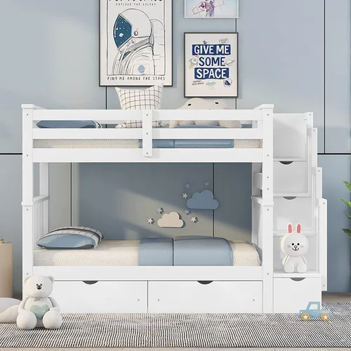 Vista 13 de Harper & Bright Designs Literas de tamaño individual sobre matrimonial, litera con escaleras y nido, literas de madera con estante de almacenamiento