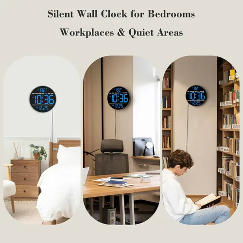 Vista 7 de Reloj de pared digital eléctrico grande con pantalla LED PLUG IN clock with Temperature, Auto DST, Date and Day, 5-Level Brightness for Office