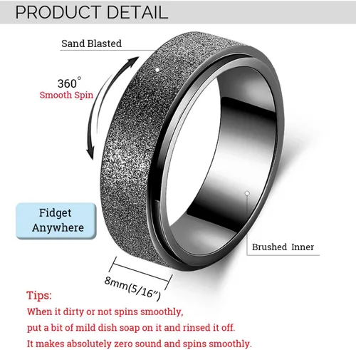 Vista 7 de Anillo giratorio para ansiedad para hombres, acero inoxidable, anillos de ansiedad para mujeres y hombres, 0.315 pulgadas de ancho, color negro