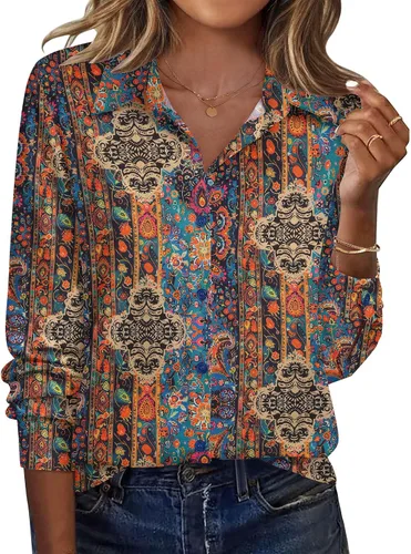 Vista 2 de Zeagoo Blusa para mujer, de manga larga, con botones, casual, ligera, lisa/estampada