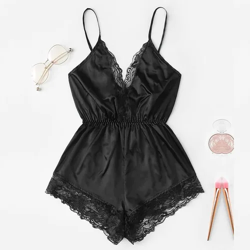 Vista 2 de Lencería sexy de satén para mujer, para sexo, traviesa de una pieza, con tirantes delgados, babydoll con cintura elástica, overol corto