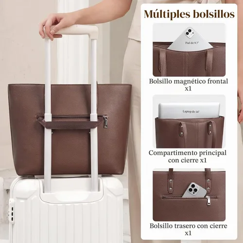 Vista 5 de S-ZONE Bolsa de mano para mujer, bolsos de trabajo, bolsos de mano, correa Café