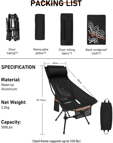 Vista 10 de Silla de camping portátil de respaldo alto con reposacabezas y pies Panel de línea de contorno negro