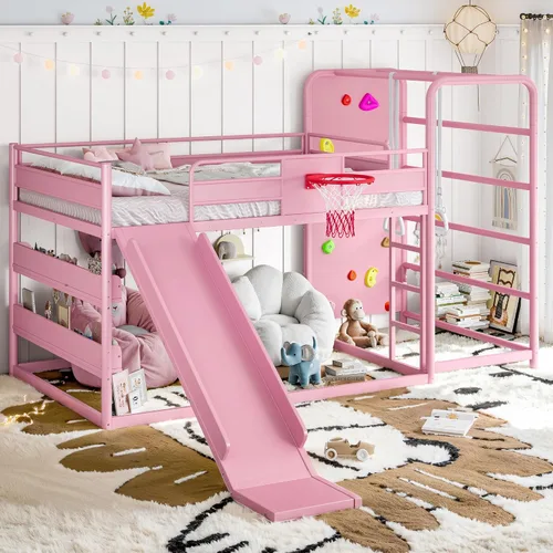 Vista 13 de Polibi Twin Metal Loft Bunk Bed with Basketball Hoop, Slide, Climbing Wall Loft Bed With Climbing Wall, Slide, Rings, And Bookshelves. A Fun Black