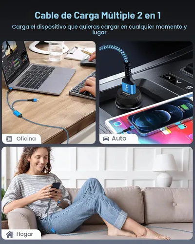 Vista 6 de Cable de carga USB múltiple, 2 en 1 USB C y cable de carga Lightning de 4 Azul