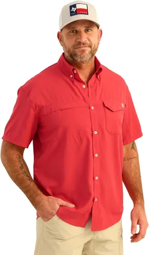 Vista 30 de HUK Men's Tide Point Kc Scott Original Artwork Short Sleeve Shirt, Fishing Button Down Negro