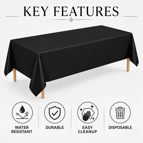 Vista 6 de WNINK Paquete de 2 Manteles Negros Desechables Cubiertas de Mesa 54" x 108" Manteles para Barbacoa Cumpleaños Picnic Despedida de Soltera Compromiso
