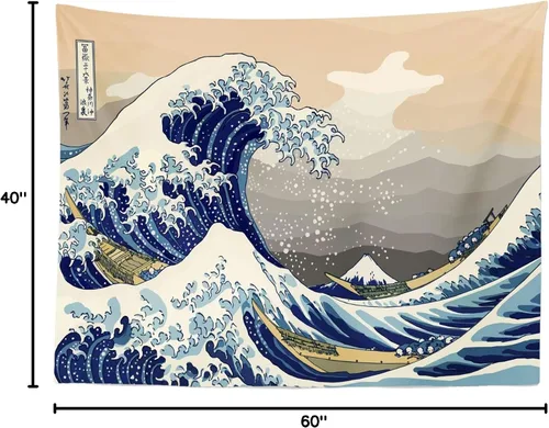 Vista 8 de CORFOTO Tapiz retro de 60 x 40 pulgadas, prefectura japonesa de Kanagawa, tapiz de ondas japonesas antiguas, tapices de estilo japonés