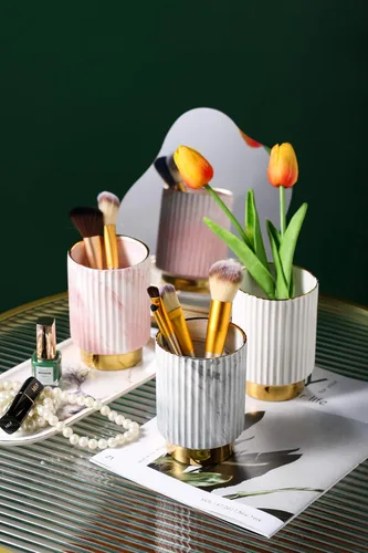 Vista 6 de IEEK Soporte para brochas de maquillaje, organizador de brochas de maquillaje y vasos de vidrio, organizador de cepillos de dientes para baño, Gris