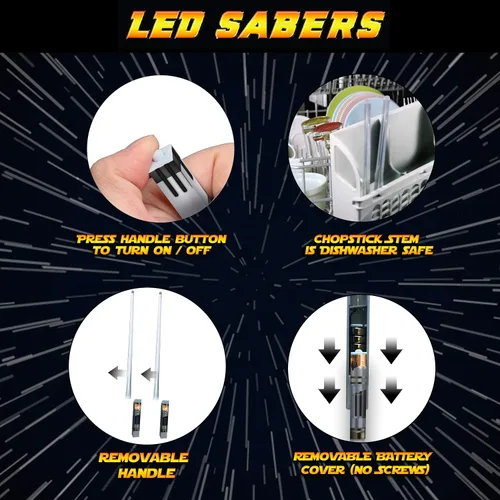 Vista 4 de Lightsable - Palillos de sable de luz LED con luz LED de Star War, sables de luz reutilizables, mango extraíble, apto para lavavajillas, caja