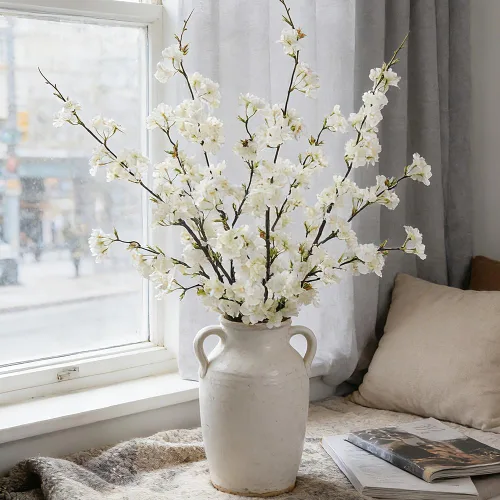 Vista 9 de LESING 4 tallos artificiales de flor de cerezo de 41.4 pulgadas, tallos largos realistas de seda falsa, ramas de flores artificiales para mesa