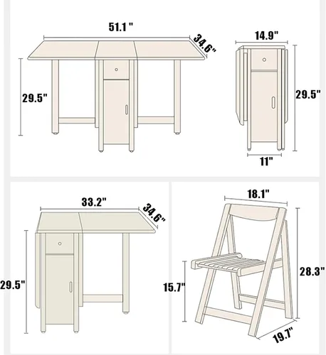 Vista 4 de Mesa y sillas plegables, mesa de comedor de extensión de hojas caídas con ruedas y cajón, juego de mesa de comedor de madera maciza de 5 piezas Negro
