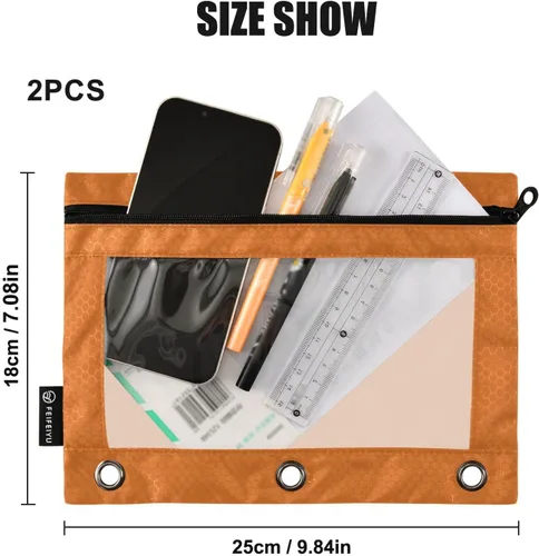 Vista 3 de Estuche naranja para carpeta de 3 anillas, paquete de 2 bolsas para lápices con ventana transparente con cremallera y ojales reforzados, estuche