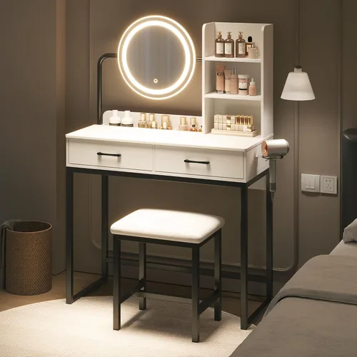 Vista 2 de Dowinx Escritorio de tocador con espejo iluminado LED y toma de corriente, escritorio blanco con 3 modos de iluminación ajustables, pequeño