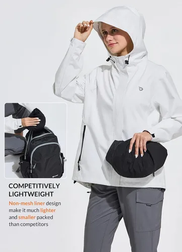 Vista 4 de BALEAF Chubasqueros impermeables para mujer, 10000 mmH2O, impermeable ligero, rompevientos con capucha para senderismo al aire libre, viajes
