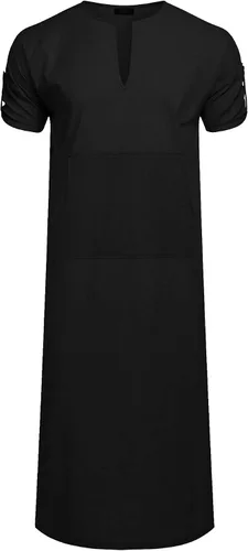 Vista 4 de COOFANDY Bata de lino con cuello en V para hombre, manga corta, caftán Thobe, camisa casual para playa, verano