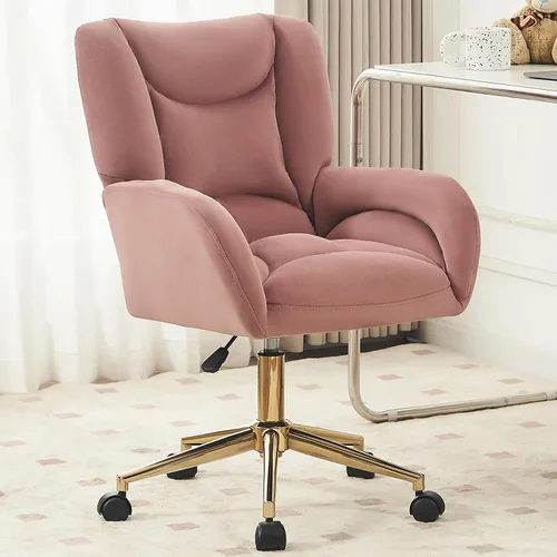Vista 11 de Silla de escritorio de terciopelo suave cómoda con patas y ruedas de metal dorado, silla de oficina cómoda giratoria de 360 grados con altura Verde