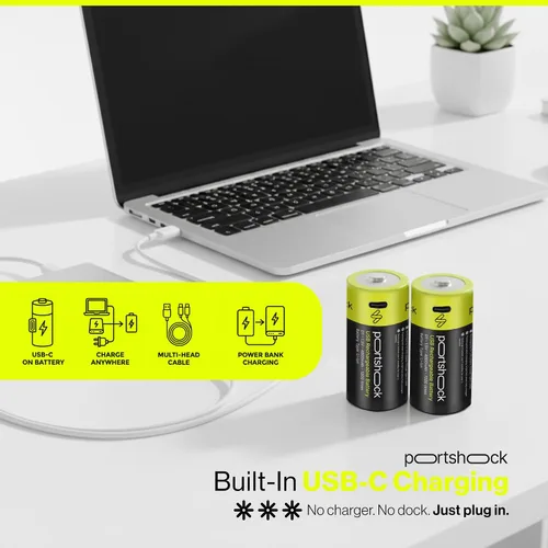 Vista 2 de D Baterías recargables USB C (paquete de 2) – 1.5 V 5000 mAh de litio de alta capacidad – 4 horas de carga rápida D baterías con cable