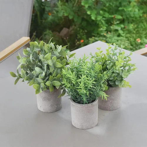 Vista 7 de homEdge Mini eucalipto artificial en maceta, 3 paquetes de plantas de plástico artificial con maceta para el hogar, decoración de escritorio