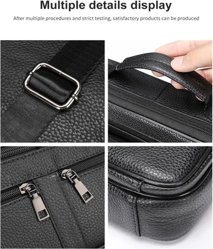 Vista 4 de Maletín de cuero genuino para hombre, bolsa de hombro para oficina de negocios con bolsillos con cremallera, color negro