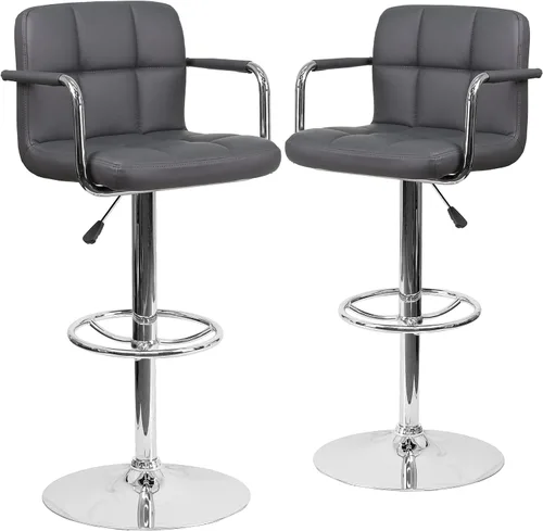Vista 24 de Flash Furniture Taburete de bar de altura ajustable de vinilo acolchado gris contemporáneo con brazos y base cromada