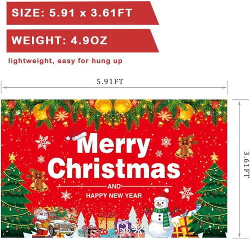Vista 2 de Fondo grande de Feliz Navidad, pancarta de tela para decoración de fiestas de Navidad, 5.9 x 3.6 pies, letrero fotográfico para decoración