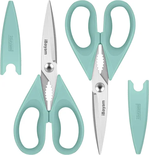 Vista 21 de iBayam Tijeras de cocina multiusos con funda protectora, tijeras de acero inoxidable duraderas, aptas para lavavajillas, mango cómodo de agarre suave