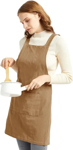Vista 3 de ELEZAY Delantales para mujer con bolsillos, talla grande, cómodo, espalda cruzada, sin lazo, delantal de lino y algodón Marrón