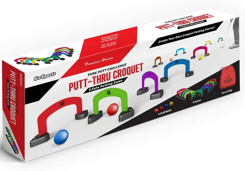 Vista 5 de GoSports Putt-Thru Juego de Croquet de Golpeo - Incluye 9 Puertas, 4 Bolas de Golf y Bolsa de Transporte - ¡Juega en Casa, en la Oficina