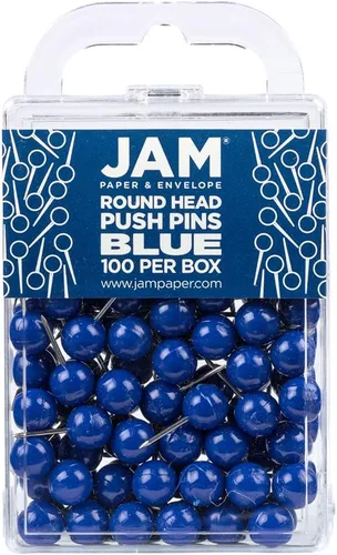 Vista 18 de JAM PAPER Chinchetas Coloridas - Tachuelas de Cabeza Redonda para Mapas - Chinchetas Azul Bebé - 100/Paquete