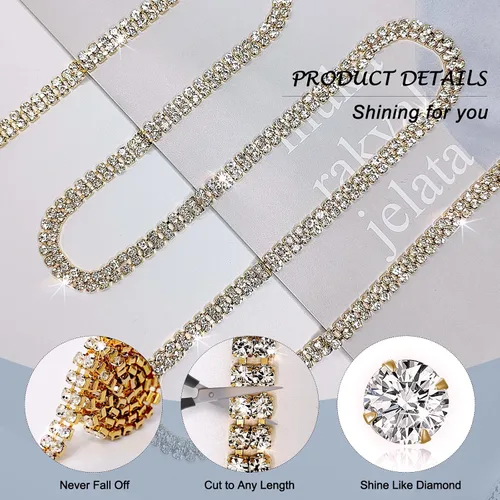 Vista 3 de Cadena de cierre de diamantes de imitación de 2 filas de 8 yardas para manualidades, cinta de tiras de diamantes de imitación, decoración