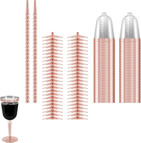 Vista 7 de 50 copas de vino desechables de plástico con borde de oro rosa, tamaño grande, 9.98 oz. BloominGoods - Vasos para bodas y eventos