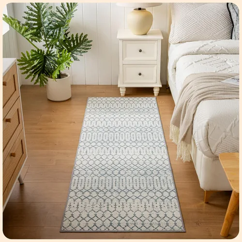 Vista 277 de Istana Alfombra larga antideslizante de 2.5 x 8 para el hogar, para pasillo y cocina, lavable, sedosa y suave al tacto, elegante, color azul y marfil