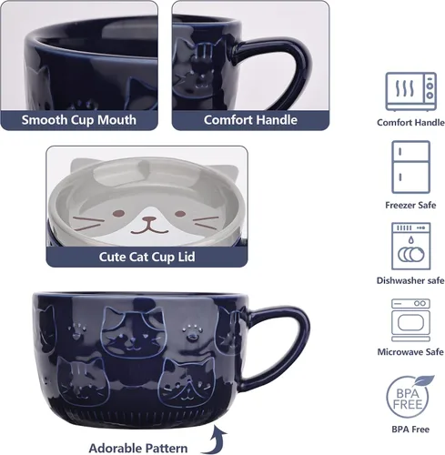 Vista 4 de Linda Taza de Cerámica para Gatos con Tapa, Tazas de Café Kawaii o Tazas de Té para Amantes de los Gatos, Tazas Divertidas de Novedad