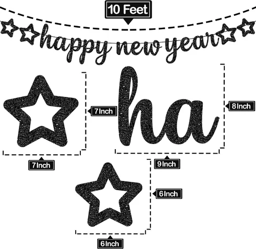 Vista 4 de KatchOn, Cartel de feliz año nuevo con purpurina negra – 10 pies, sin bricolaje Cartel negro de feliz año nuevo Suministros para fiesta de Año
