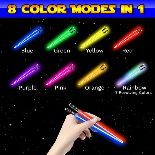 Vista 5 de LIGHTSABER CHOPSTICKS LIGHT UP STAR LED WARS Glowing Light Saber Chop Sticks REUSABLE Sushi Lightup Sabers Removable Handle Dishwasher Safe 8