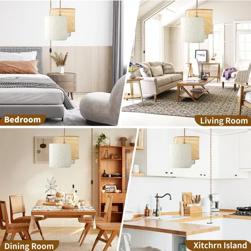 Vista 7 de Lámpara colgante boho con enchufe, lámpara de araña boho regulable sin escalones con pantalla tejida de bambú y lino, lámpara colgante enchufable